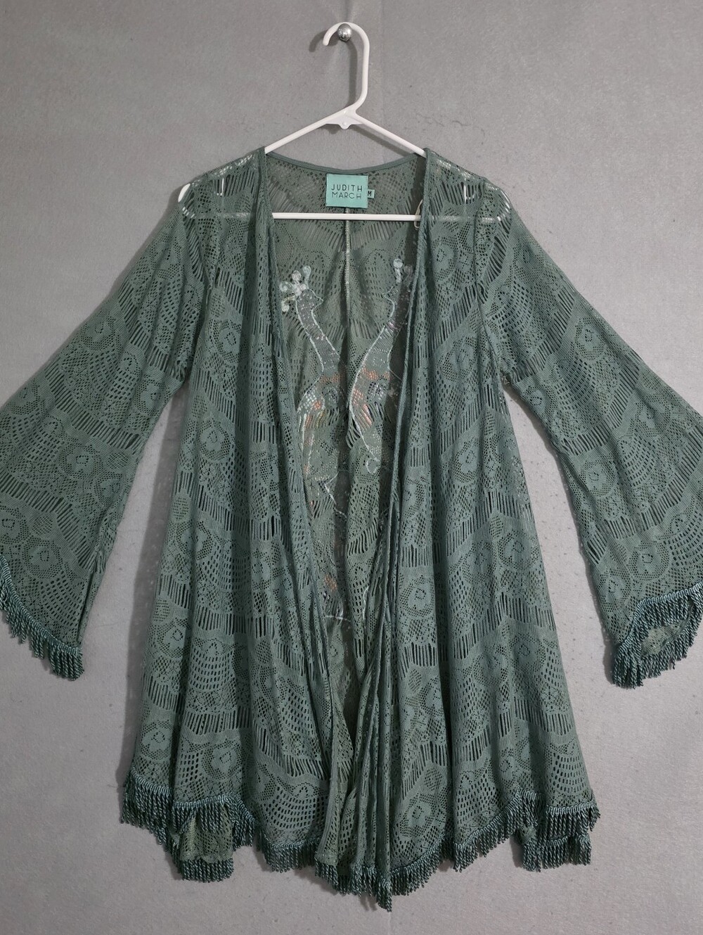 Judith March Womens Embroidered Peacock Lace Duster Kimono Cardigan Size Medium